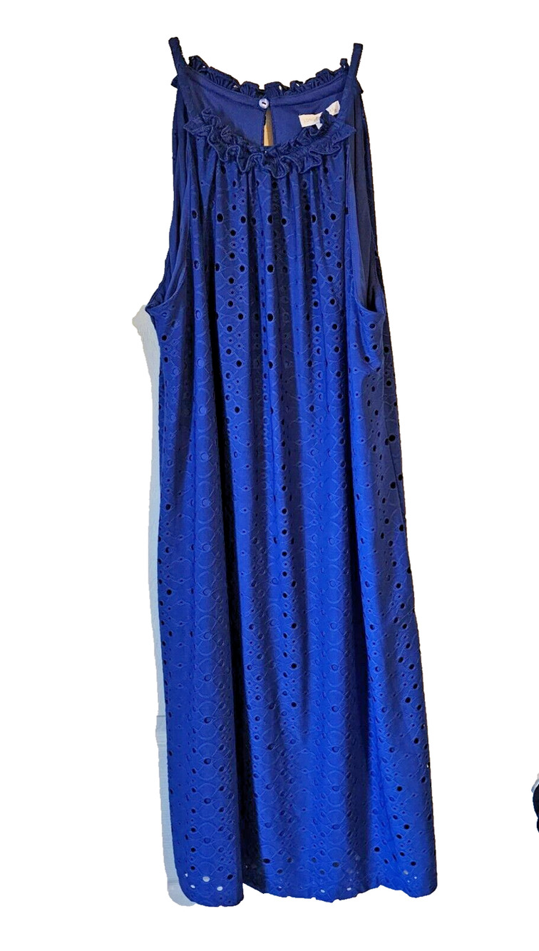 London Times Women's Size 12 Royal Blue Eyelet Halter Sleeveless Lined Midi Dres